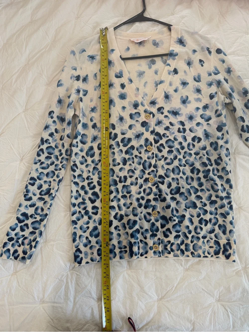 Tory Burch Blue White Floral Leopard Cardigan Sweater Quiet Luxury Preppy Sz S